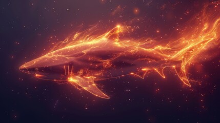  A digital image of a shark swimming in fiery water with its jaws agape - obrazy, fototapety, plakaty