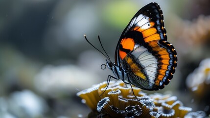  A macro of a butterfly perched on a leaf with dewdrops on its wings, against a soft bokeh backdrop