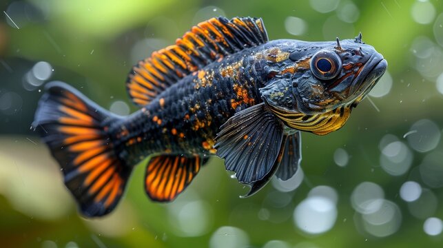  Close-up photo of black and orange fish on green backdrop with water droplets on side