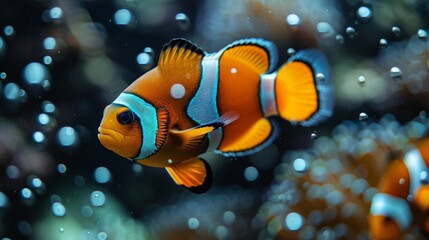  An image showing an orange and blue clownfish swimming in an aquarium with bubble-filled water below