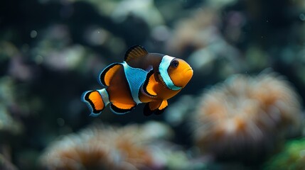 Naklejka na ściany i meble Two clownfish, one orange and one white, swim in a coral reef