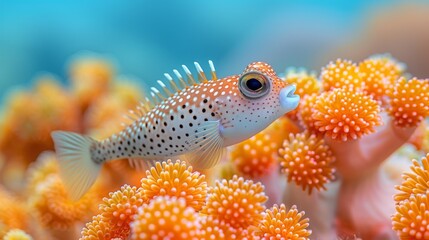  A close-up shot of a fish surrounded by corals, with a blue backdrop