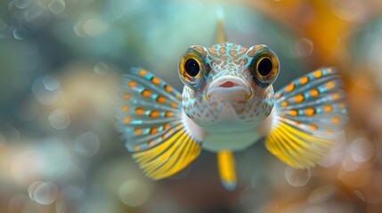  A detailed image of a blue-yellow fish with orange spots on its face against a hazy backdrop