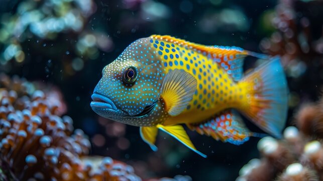  A detailed image of a vibrant blue and yellow fish amidst various coral formations and transparent water