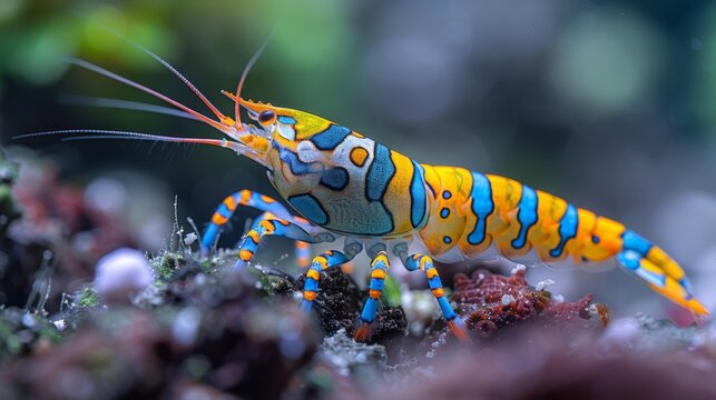  A focused image of a brightly colored shrimp on a vibrant coral, surrounded by various corals and vegetation