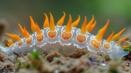  White-orange sea slug, ocean floor, seaweed in foreground
