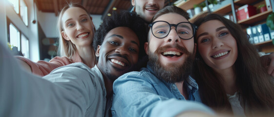 Fototapeta premium Friends of diverse backgrounds sharing a moment, capturing a selfie together.