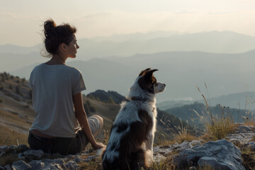 woman and dog sit on the mountainside and look into the distance