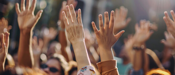 Enthusiastic crowd raising hands in unity at a lively outdoor event. - obrazy, fototapety, plakaty
