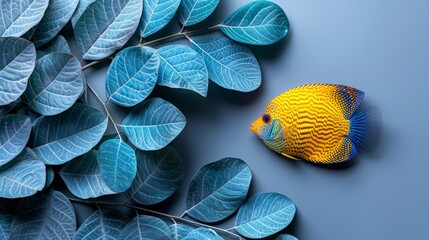  Yellow blue fish on leaf green wall next to leafy plant - obrazy, fototapety, plakaty