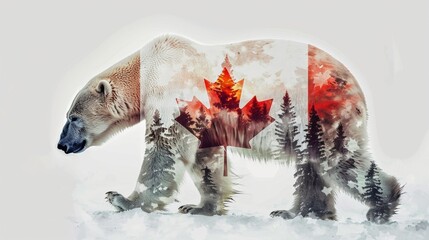 A double-exposure color photograph depicting a polar bear and a Canadian flag. - obrazy, fototapety, plakaty