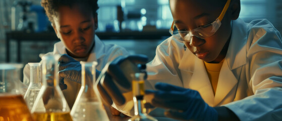 Young scientists engrossed in experimental wonder, surrounded by the glow of knowledge.