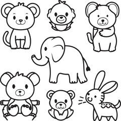 Cute baby animals coloring pages. Animals outline vector