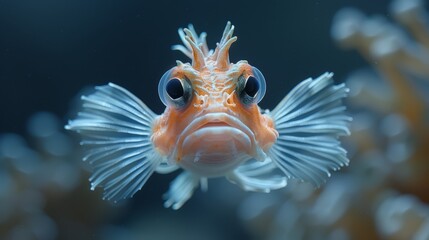  A closeup of a fish's face with blue eyes, orange head background