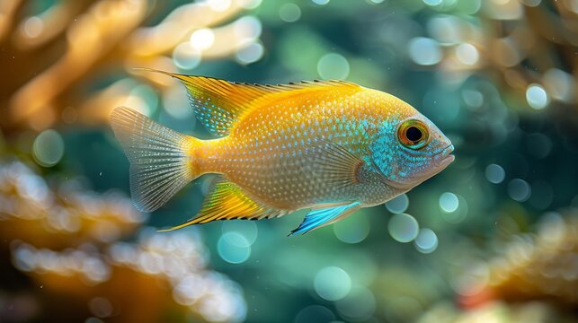  A photo of a blue and yellow fish in an aquarium, close-up, with bubbles in the background