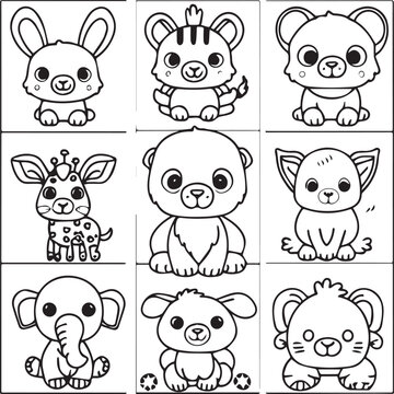 Cute baby animals coloring pages. Animals outline vector