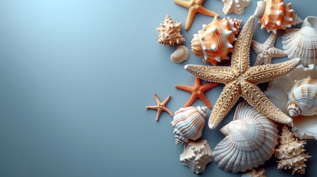  A collection of shells and sea stars against a blue backdrop, accommodating text or an image