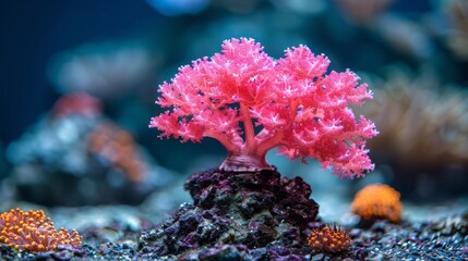  A Pink Tree Sits On A Rock Next To An Aquarium Filled With Corals And Other Marine Life