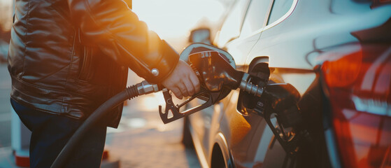 Golden sunset hues accent a person refueling their car, capturing a routine yet warm moment.