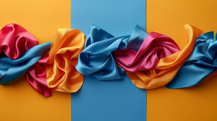  A collage featuring various hued ribbons against a blue and yellow backdrop, including red, orange, and blue ribbons on the left side
