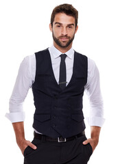 Studio, confident and portrait of businessman for fashion, stylish and luxury for aesthetic of suit. Adult, guy and male person in white background, gentleman and professional for job and career