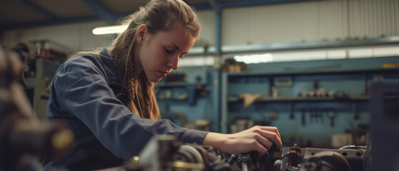 Focused young woman meticulously working on machinery in a well-equipped workshop. - obrazy, fototapety, plakaty