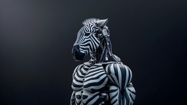 Zebra-Inspired Futuristic Cyborg Transformation - Striking Monochrome Portrait
