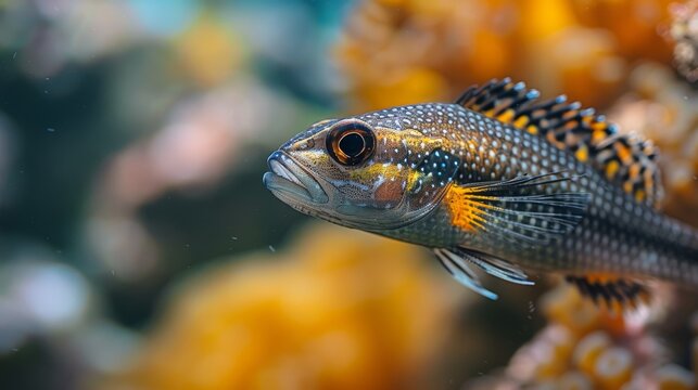  A macro image of a fish near corals with water in the background