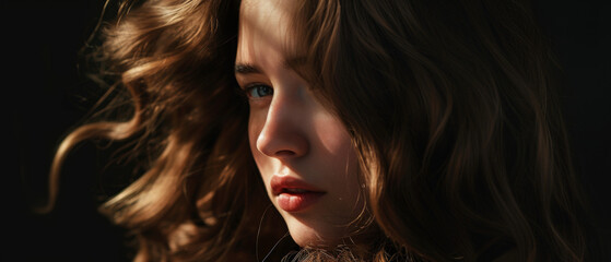 A woman's enigmatic gaze catches the light, her wavy hair a silhouette.