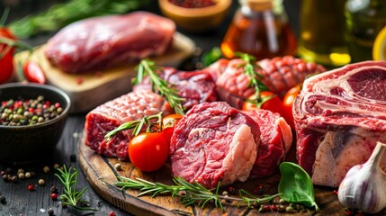 Delicious crude meat on table with flavors close up