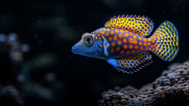  A high-quality image showcases a brightly colored fish against a black backdrop, featuring coral in both the foreground and background