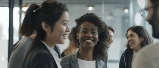 A diverse team engaged in a lively and productive discussion in an office environment.