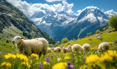 Foto op Plexiglas A herd of sheep grazes on green wild meadow  surrounded by mountains © Filip