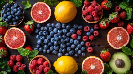 A heart-shaped arrangement of various fruits on wood with mints, raspberries, lemons, and blueberries