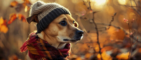 Warmly-dressed dog looks pensive amidst golden autumn leaves.