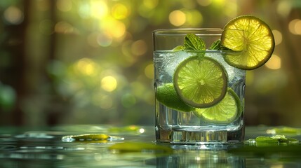 A macro shot of a glass containing a lime and a lime wedge on its edge
