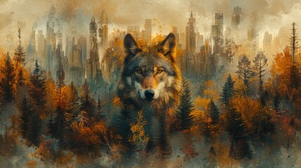  Wolf in a forest with tall buildings in the background and trees in the foreground