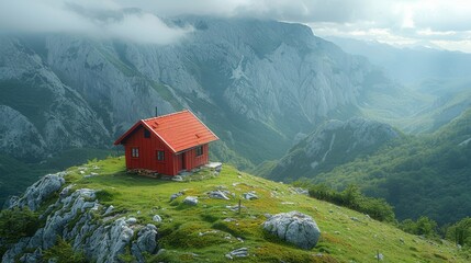  Small, red house on green hill, valley below, mountains in background