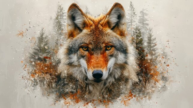  A digital artwork depicting a wolf's visage amidst tree-lined scenery and falling snowflakes on the ground