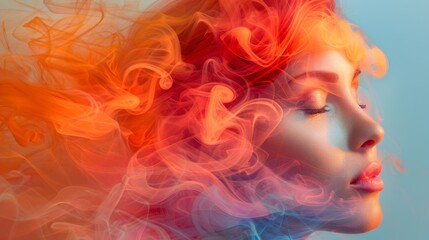  A woman's face is shown in the image with her eyes closed and multicolored hair  emitting smoke from her face