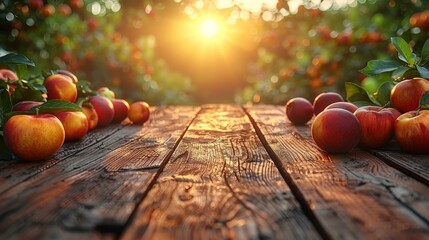  A photo captures a collection of apples positioned atop a wooden table, illuminated by sunlight filtering from the surrounding foliage - obrazy, fototapety, plakaty