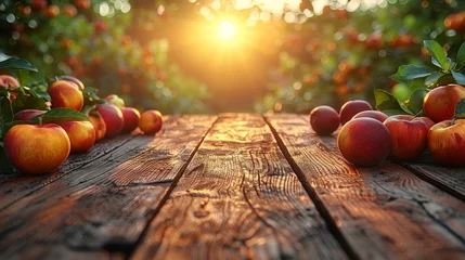 Fotobehang  A photo captures a collection of apples positioned atop a wooden table, illuminated by sunlight filtering from the surrounding foliage © Jevjenijs