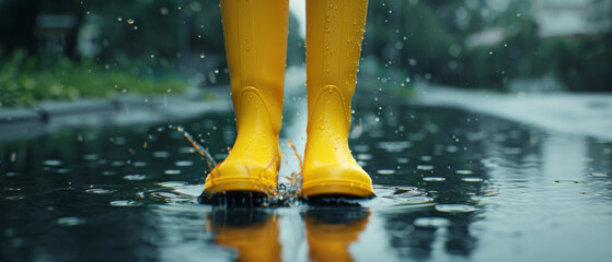 Rain-soaked yellow boots make a splash in a puddle. - obrazy, fototapety, plakaty