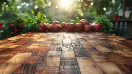  A close-up photo of a wooden table with apples arranged in the foreground while various other fruits are seen in the backdrop - obrazy, fototapety, plakaty