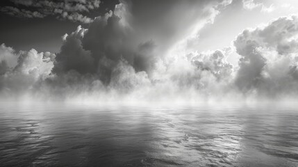  A monochromatic snapshot captures a expansive aquatic expanse adorned with numerous cumulus clouds above its surface