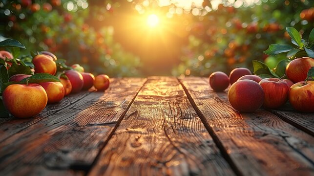  A photo captures a collection of apples positioned atop a wooden table, illuminated by sunlight filtering from the surrounding foliage