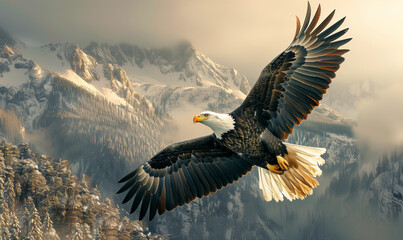 Bald Eagle in flight soaring in mid-air - obrazy, fototapety, plakaty