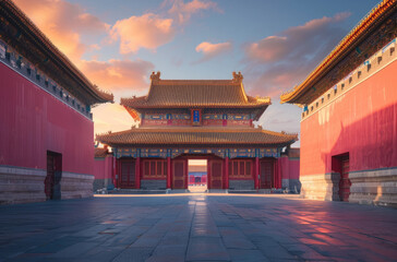 The majestic Forbidden City stands tall against the backdrop of an orange sunset sky, with its red...