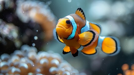  A detailed shot of a clownfish swimming with other aquatic creatures in its tank, surrounded by observers in the backdrop
