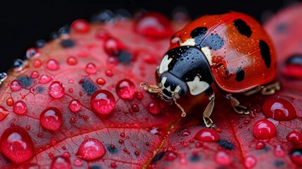  A ladybug on a leaf with drops of water on its backside